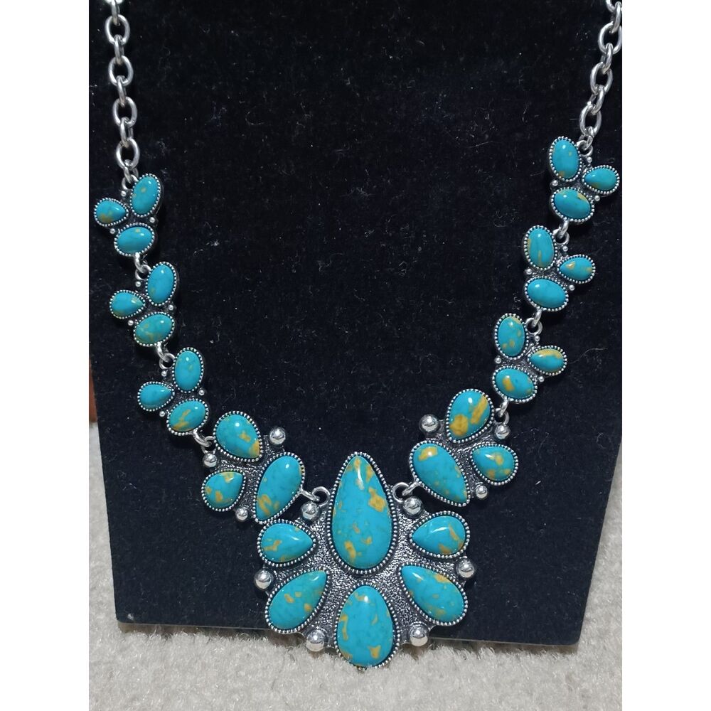 Silver Toned Faux Turquoise Necklace, 23" - Picture 2 of 3